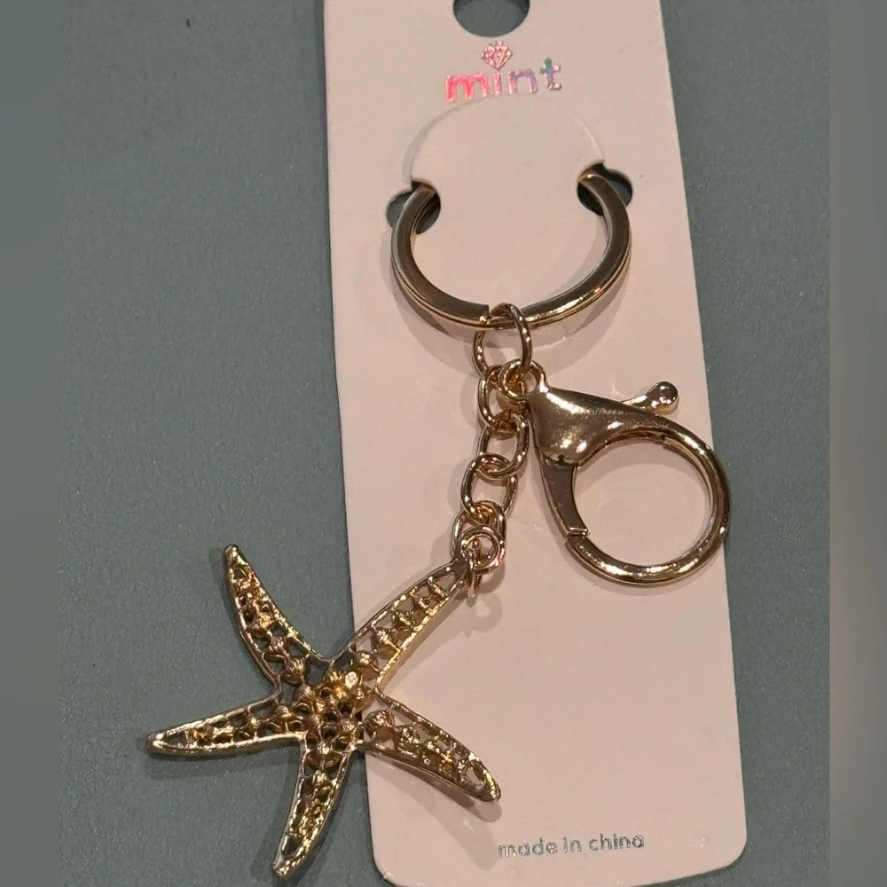 BAG CHARM Mint Starfish Keychain Sparkly Crystal Sea Star Iridescent & Gold
